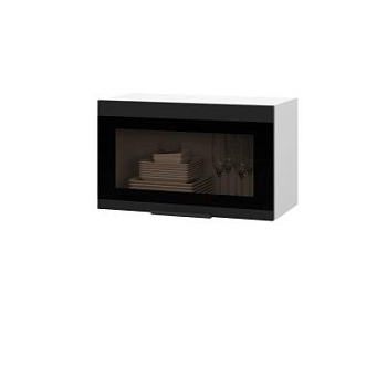 Шкаф верхний горизонтальный со стеклом ШВГС 600 Корпус: ЛДСП белый 16мм; фасад: фрезеровка Оливия, МДФ Оливия_софт черный 16 мм