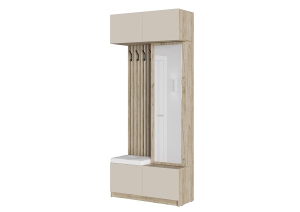 БОСТОН прихожая ЛДСП (Комплект) Корпус - Дуб Крафт серый  Фасад ЛДСП - Кашемир 5981 BS Кожзам.- Ecotex 3002 (Белая)