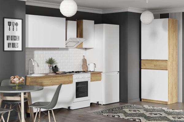 КВИК-СТЕП Кухня 1.6 м. Корпус - Дуб Крафт золотой К003  Фасад ЛДСП - Белый (Шагрень)