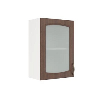 Шкаф верхний со стеклом ШВС 500 Корпус: ЛДСП белый 16мм; фасад: фрезеровка Гренада, МДФ бразильский орех 16мм