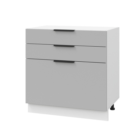 Шкаф нижний с ящиками ШН3Я 800 Корпус: ЛДСП белый 16мм; фасад: фрезеровка Оливия, ЛДСП серый софт 16 мм