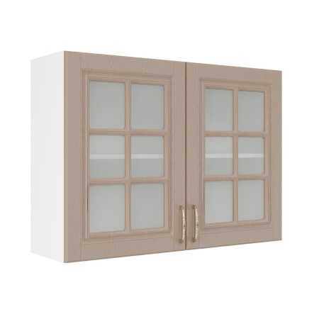 Шкаф верхний со стеклом ШВС 1000 Корпус: ЛДСП белый 16мм; фасад: фрезеровка Лондон, МДФ дуб капучино 16мм