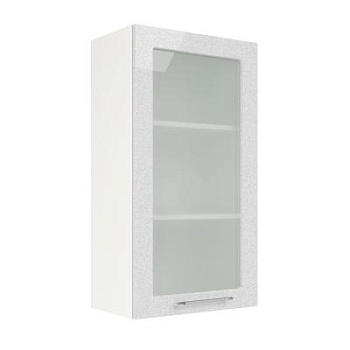 Шкаф верхний со стеклом (премьер) ШВС 500Н Корпус: ЛДСП белый 16мм; фасад: фрезеровка Олива, МДФ металлик белый 16мм