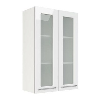 Шкаф верхний со стеклом (премьер) ШВС 600Н Корпус: ЛДСП белый 16мм; фасад: фрезеровка Олива, МДФ металлик белый 16мм