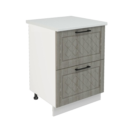 Шкаф нижний с ящиками ШНГ2Я 600 Корпус: ЛДСП белый 16мм; фасад: фрезеровка Барселона, МДФ седой клен 16мм