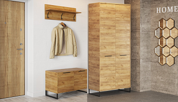 ЛОФТ Прихожая + ЛОФТ Шкаф с выд.штанг. ШК-003, РАСПРОДАЖА дуб крафт золотой / Дуб Крафт золотой