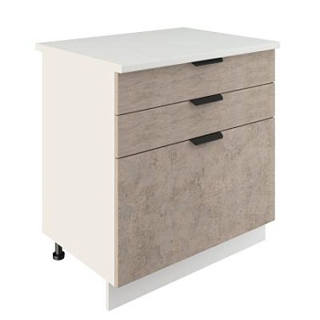 Шкаф нижний с ящиками ШН3Я 800 Корпус: ЛДСП белый 16мм; фасад: фрезеровка Норд, МДФ камень беж 16 мм