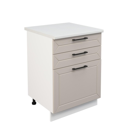 Шкаф нижний с ящиками ШН3Я 600 Корпус: ЛДСП белый 16мм; фасад: фрезеровка Кельн, МДФ софт бланж 16мм