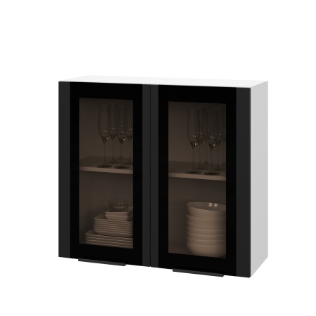 Шкаф верхний со стеклом ШВС 800 Корпус: ЛДСП белый 16мм; фасад: фрезеровка Оливия, МДФ Оливия_софт черный 16 мм