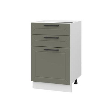 Шкаф нижний с ящиками ШН3Я 500 Корпус: ЛДСП белый 16мм; фасад: фрезеровка Кельн, МДФ софт лайт хаки 16 мм Шкаф нижний с ящиками ШН3Я 500 Корпус: ЛДСП белый 16мм; фасад: фрезеровка Кельн, МДФ софт лайт хаки 16 мм