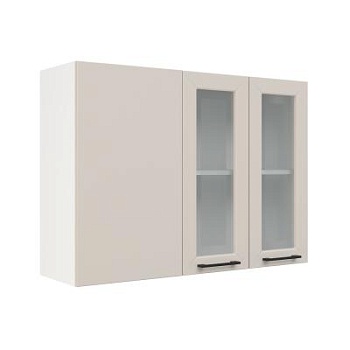 Шкаф верхний угловой со стеклом ШВУПС 1000 Корпус: ЛДСП белый 16мм; фасад: фрезеровка Кельн, МДФ софт бланж 16мм