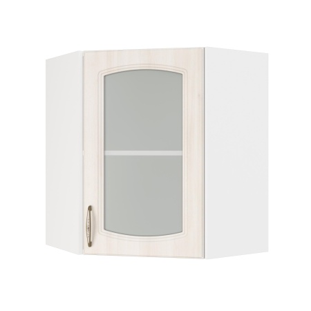 Шкаф верхний угловой со стеклом ШВУС 600 Корпус: ЛДСП белый 16мм; фасад: фрезеровка Гренада, МДФ сандал 16мм