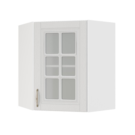 Шкаф верхний угловой со стеклом ШВУС 600 Корпус: ЛДСП белый 16мм; фасад: фрезеровка Лондон, МДФ дуб белый 16мм