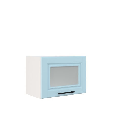 Шкаф верхний горизонтальный со стеклом ШВГС 500 Корпус: ЛДСП белый 16мм; фасад: фрезеровка Барселона, МДФ голубой тик 16мм