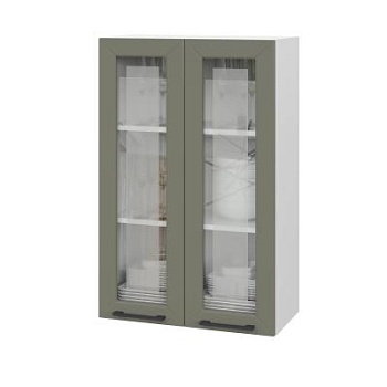 Шкаф верхний со стеклом (премьер) ШВС 600Н Корпус: ЛДСП белый 16мм; фасад: фрезеровка Кельн, МДФ софт лайт хаки 16 мм