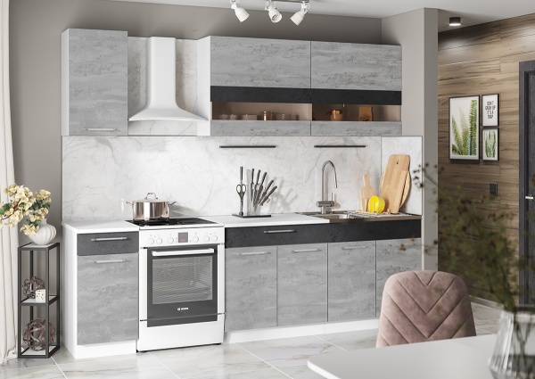 Кухня Маша Белый / Бетонный камень + Угольный камень NEW