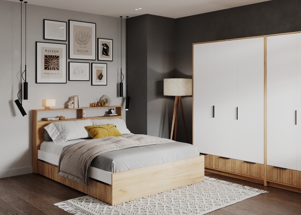 ИВИС Кровать КР-002 (сп.м. 1,6 х 2,0м) Корпус - Дуб Крафт золотой К003  Фасад ЛДСП - Белый (Гладкий)