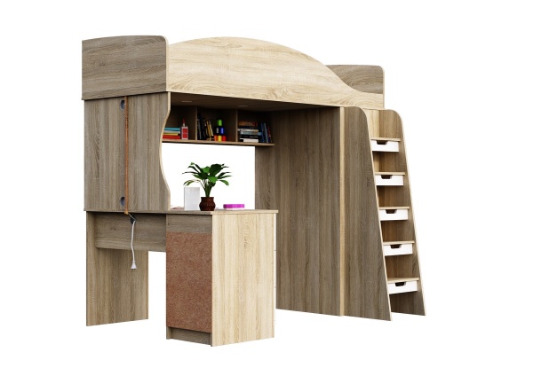 СЭНДИ КР-111 Кровать-чердак (Сп. место 0,8х2,0м) Корпус - Сонома светлый  Фасад МДФ - глянцевая Белый