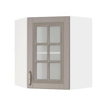 Шкаф верхний угловой со стеклом ШВУС 600 Корпус: ЛДСП белый 16мм; фасад: фрезеровка Лондон, МДФ дуб графит 16мм