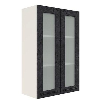 Шкаф верхний со стеклом (премьер) ШВС 600Н Корпус: ЛДСП белый 16мм; фасад: фрезеровка Нувель, МДФ бетон черный 16мм