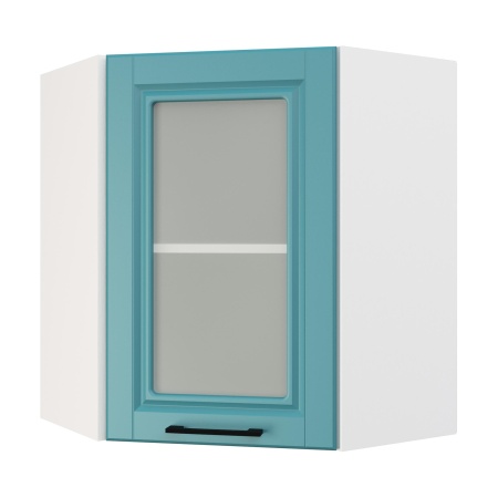 Шкаф верхний угловой со стеклом ШВУС 600 Корпус: ЛДСП белый 16мм; фасад: фрезеровка Барселона, МДФ морское дерево 16мм