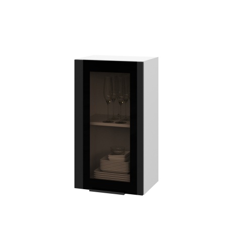 Шкаф верхний со стеклом ШВС 400 Корпус: ЛДСП белый 16мм; фасад: фрезеровка Оливия, МДФ Оливия_софт черный 16 мм