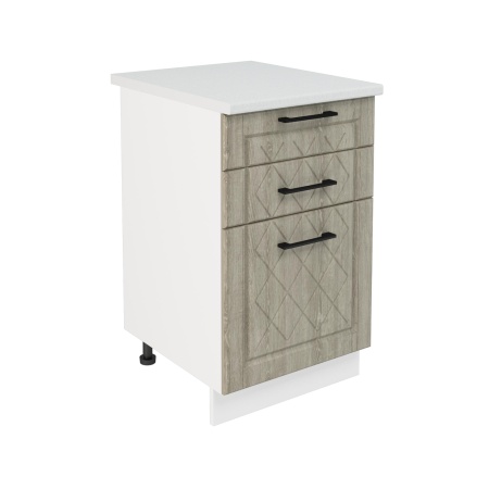 Шкаф нижний с ящиками ШН3Я 500 Корпус: ЛДСП белый 16мм; фасад: фрезеровка Барселона, МДФ седой клен 16мм