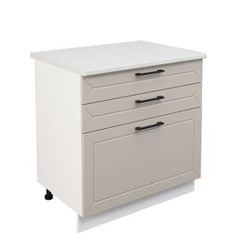 Шкаф нижний с ящиками ШН3Я 800 Корпус: ЛДСП белый 16мм; фасад: фрезеровка Кельн, МДФ софт бланж 16мм