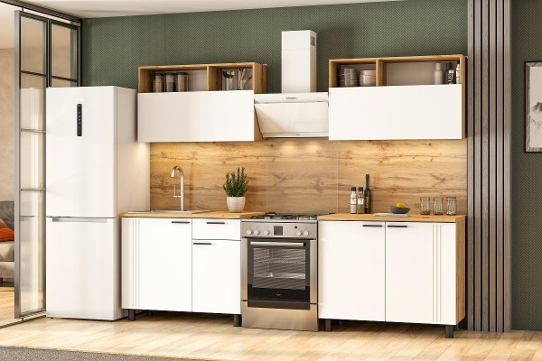 Кухонный гарнитур "Монако" (2м) (Серия 2) Дуб Золотой/Белый матовый/Дуб Вотан