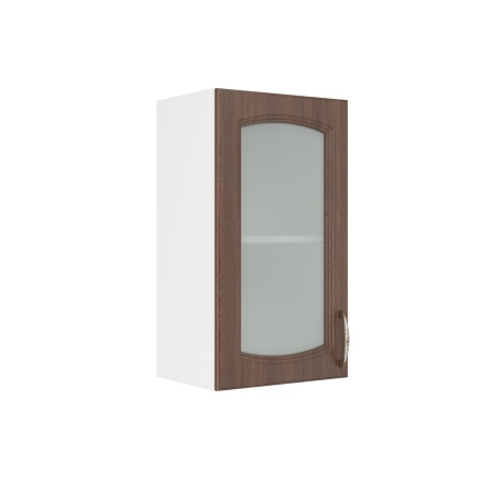 Шкаф верхний со стеклом ШВС 400 Корпус: ЛДСП белый 16мм; фасад: фрезеровка Гренада, МДФ бразильский орех 16мм