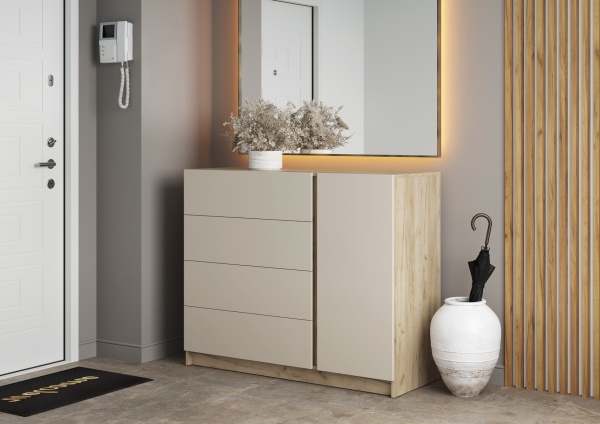 БОСТОН Комод КМ-001 (ЛДСП Комплект) Корпус - Дуб Крафт серый  Фасад ЛДСП - Кашемир 5981 BS