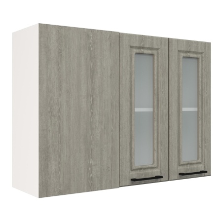 Шкаф верхний угловой со стеклом ШВУПС 1000 Корпус: ЛДСП белый 16мм; фасад: фрезеровка Барселона, МДФ седой клен 16мм