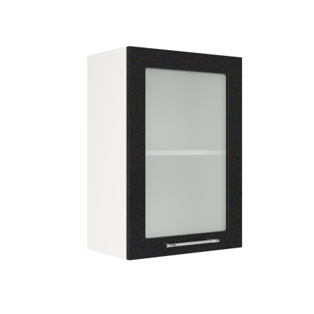 Шкаф верхний со стеклом ШВС 500 Корпус: ЛДСП белый 16мм; фасад: фрезеровка Олива, МДФ металлик черный 16мм