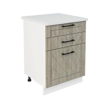 Шкаф нижний с ящиками ШН3Я 600 Корпус: ЛДСП белый 16мм; фасад: фрезеровка Барселона, МДФ седой клен 16мм