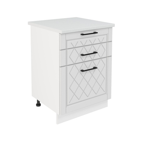 Шкаф нижний с ящиками ШН3Я 600 Корпус: ЛДСП белый 16мм; фасад: фрезеровка Барселона, МДФ белое дерево 16мм