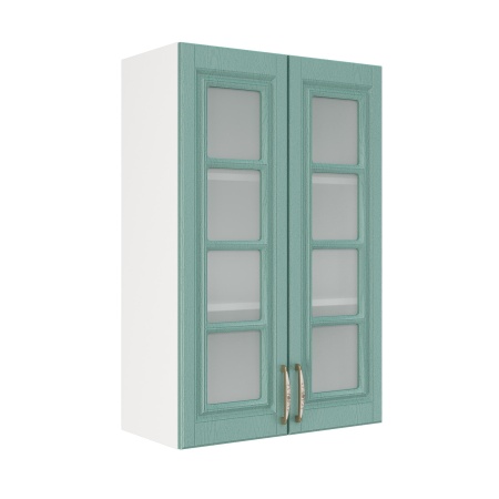 Шкаф верхний со стеклом (премьер) ШВС 600Н Корпус: ЛДСП белый 16мм; фасад: фрезеровка Лондон, МДФ дуб изумруд 16мм