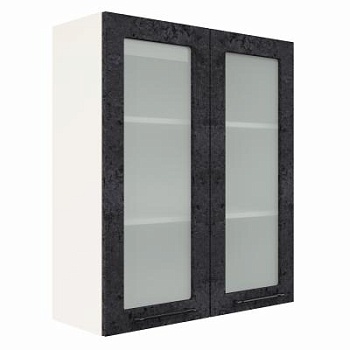 Шкаф верхний со стеклом (премьер) ШВС 800Н Корпус: ЛДСП белый 16мм; фасад: фрезеровка Нувель, МДФ бетон черный 16мм
