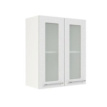 Шкаф верхний со стеклом ШВС 600 Корпус: ЛДСП белый 16мм; фасад: фрезеровка Олива, МДФ металлик белый 16мм