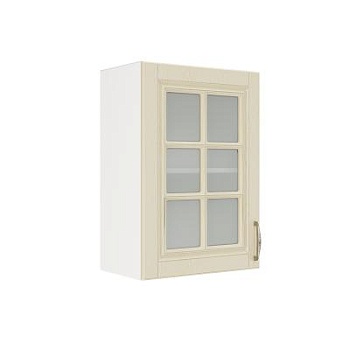 Шкаф верхний со стеклом ШВС 500 Корпус: ЛДСП белый 16мм; фасад: фрезеровка Лондон, МДФ дуб крем 16мм