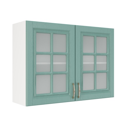 Шкаф верхний со стеклом ШВС 1000 Корпус: ЛДСП белый 16мм; фасад: фрезеровка Лондон, МДФ дуб изумруд 16мм