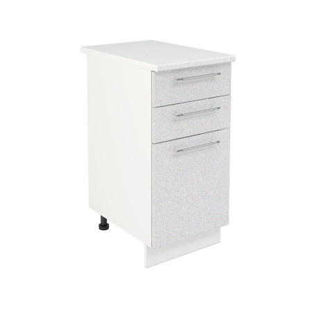 Шкаф нижний с ящиками ШН3Я 400 Корпус: ЛДСП белый 16мм; фасад: фрезеровка Олива, МДФ металлик белый 16мм