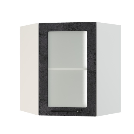 Шкаф верхний угловой со стеклом ШВУС 600 Корпус: ЛДСП белый 16мм; фасад: фрезеровка Нувель, МДФ бетон черный 16мм
