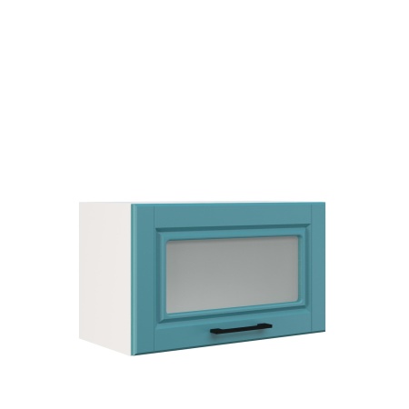 Шкаф верхний горизонтальный со стеклом ШВГС 600 Корпус: ЛДСП белый 16мм; фасад: фрезеровка Барселона, МДФ морское дерево 16мм