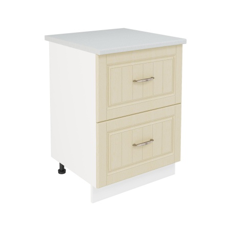 Шкаф нижний с ящиками ШНГ2Я 600 Корпус: ЛДСП белый 16мм; фасад: фрезеровка Лондон, МДФ дуб крем 16мм