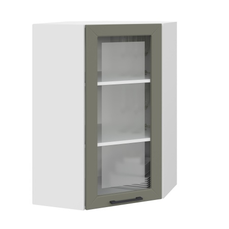 Шкаф верхний угловой (премьер)  ШВУС 600Н Корпус: ЛДСП белый 16мм; фасад: фрезеровка Кельн, МДФ софт лайт хаки 16 мм