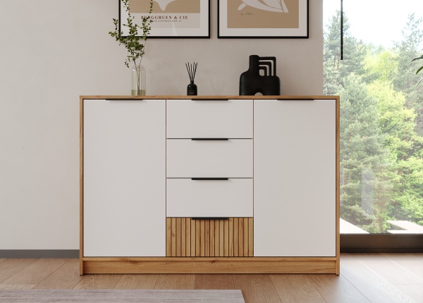 ИВИС Комод КМ-002 Корпус - Дуб Крафт золотой К003  Фасад ЛДСП - Белый (Гладкий)