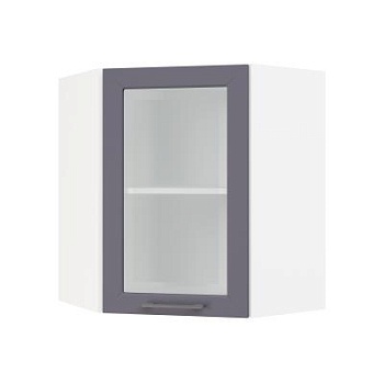 Шкаф верхний угловой со стеклом ШВУС 600 Корпус: ЛДСП белый 16мм; фасад: фрезеровка Кельн, МДФ софт смок 16мм