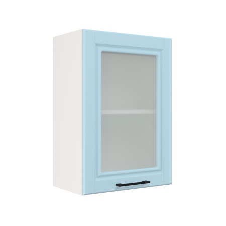 Шкаф верхний со стеклом ШВС 500 Корпус: ЛДСП белый 16мм; фасад: фрезеровка Барселона, МДФ голубой тик 16мм