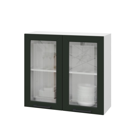 Шкаф верхний со стеклом ШВС 800 Корпус: ЛДСП белый 16мм; фасад: фрезеровка Кельн, МДФ софт пихтовый зеленый 16 мм