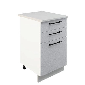 Шкаф нижний с ящиками ШН3Я 500 Корпус: ЛДСП белый 16мм; фасад: фрезеровка Нувель, МДФ бетон белый 16мм